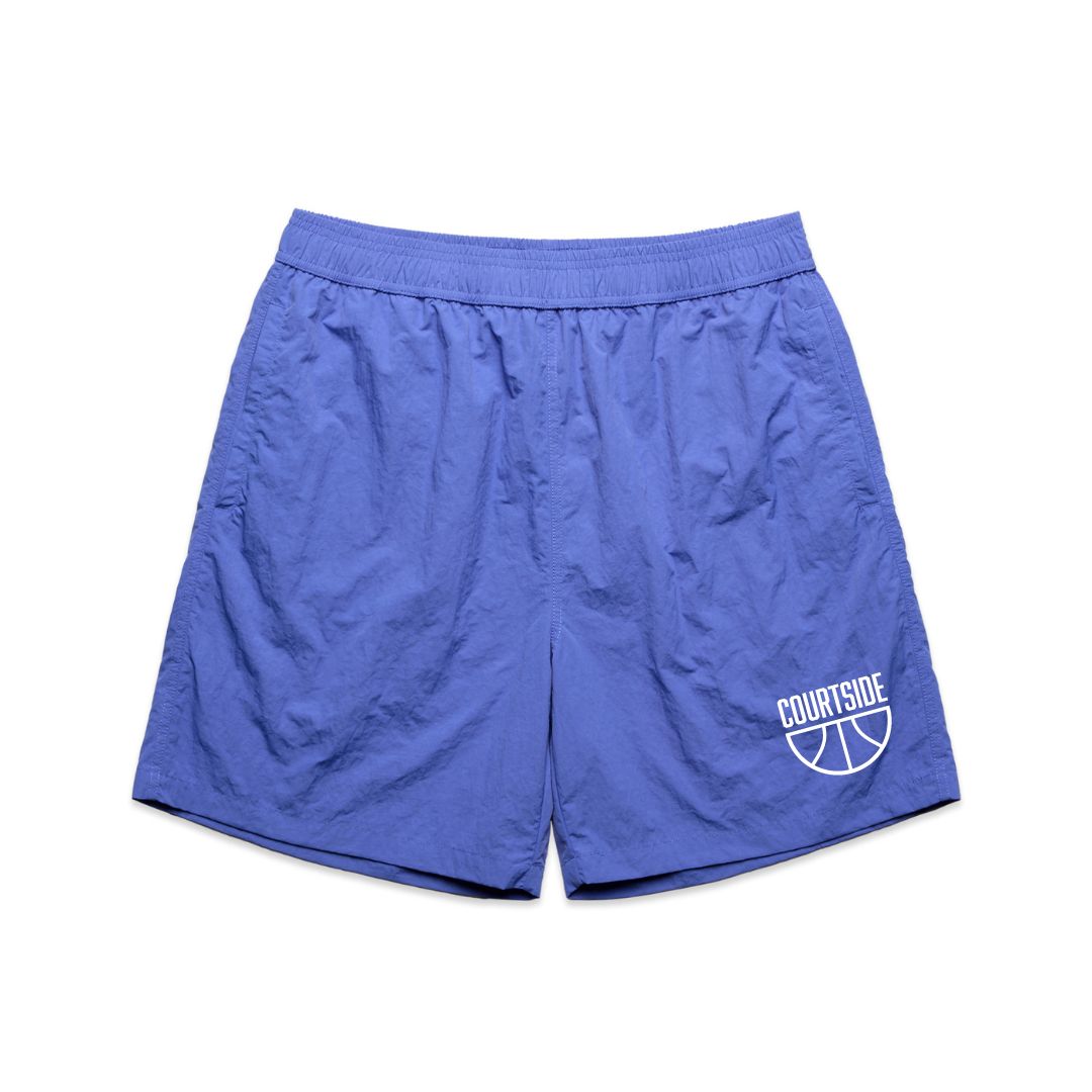 Bright blue swim shorts shown on their own laying flat on a white background