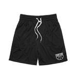 Black basketball netted shorts, narrow, long legged, traditional short with white half ball courtside logo on bottom left leg front.