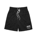 Black basketball netted shorts, narrow, long legged, traditional short with white half ball courtside logo on bottom left leg front.