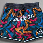 Courtside black, burnt orange, dark pink and blues ROTY basketball shorts layed flat showing details