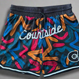 Courtside black, burnt orange, dark pink and blues ROTY basketball shorts layed flat showing details