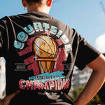back of the champs tee shown detail on female basketball player