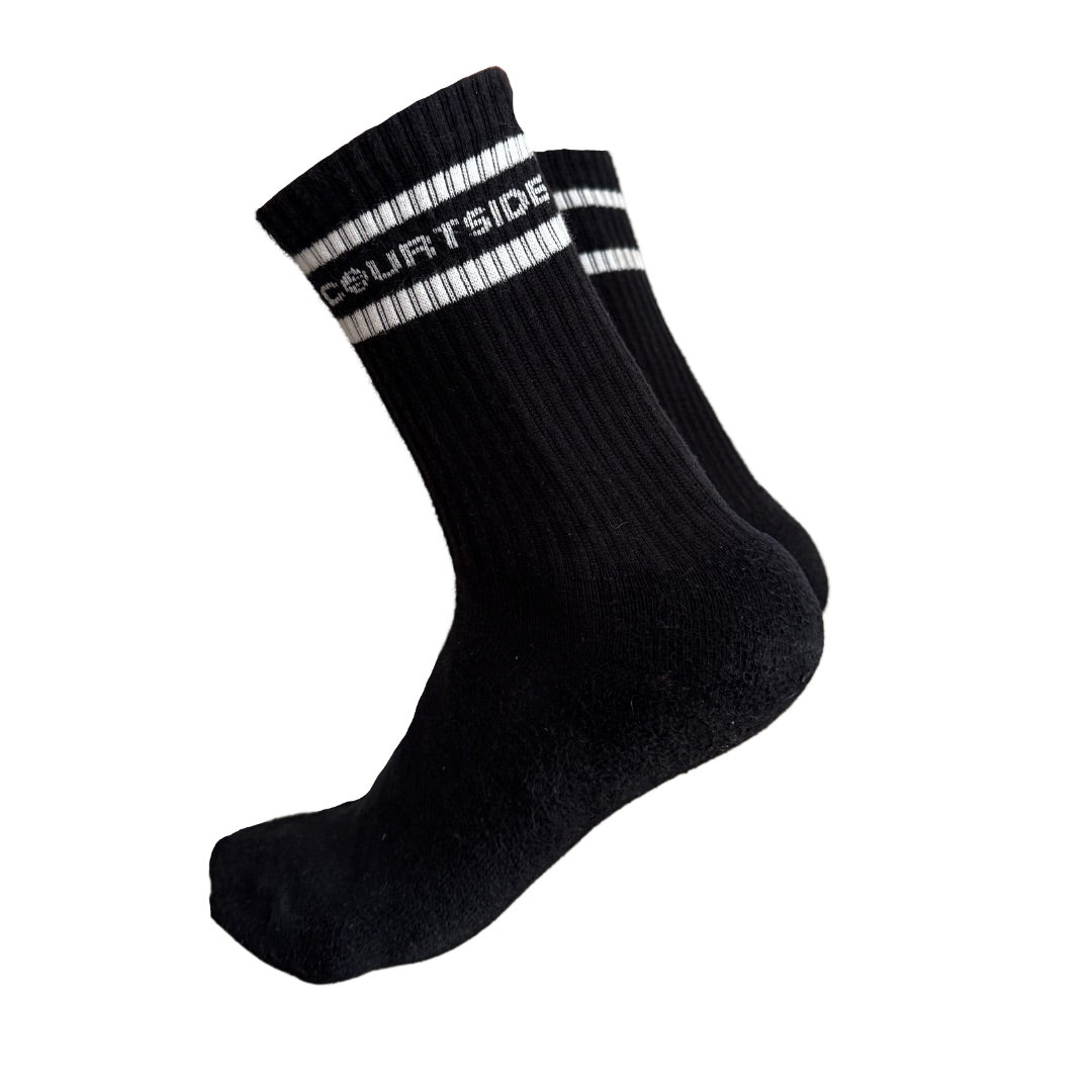 Courtside Black socks with white stripe and words Courtside signature logo