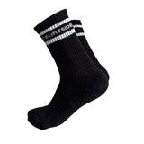 Courtside Black socks with white stripe and words Courtside signature logo