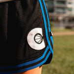 Courtside Black & Royal Blue DPOYW basketball short in women's cut showing details