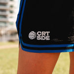 Courtside Black & Royal Blue DPOYW basketball short in women's cut showing details