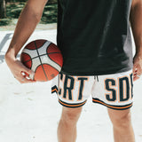 Courtside DPOY basketball shorts with CRT SDE letters in bold across front leg shown on Nelson Kahler NBL player close up of legs