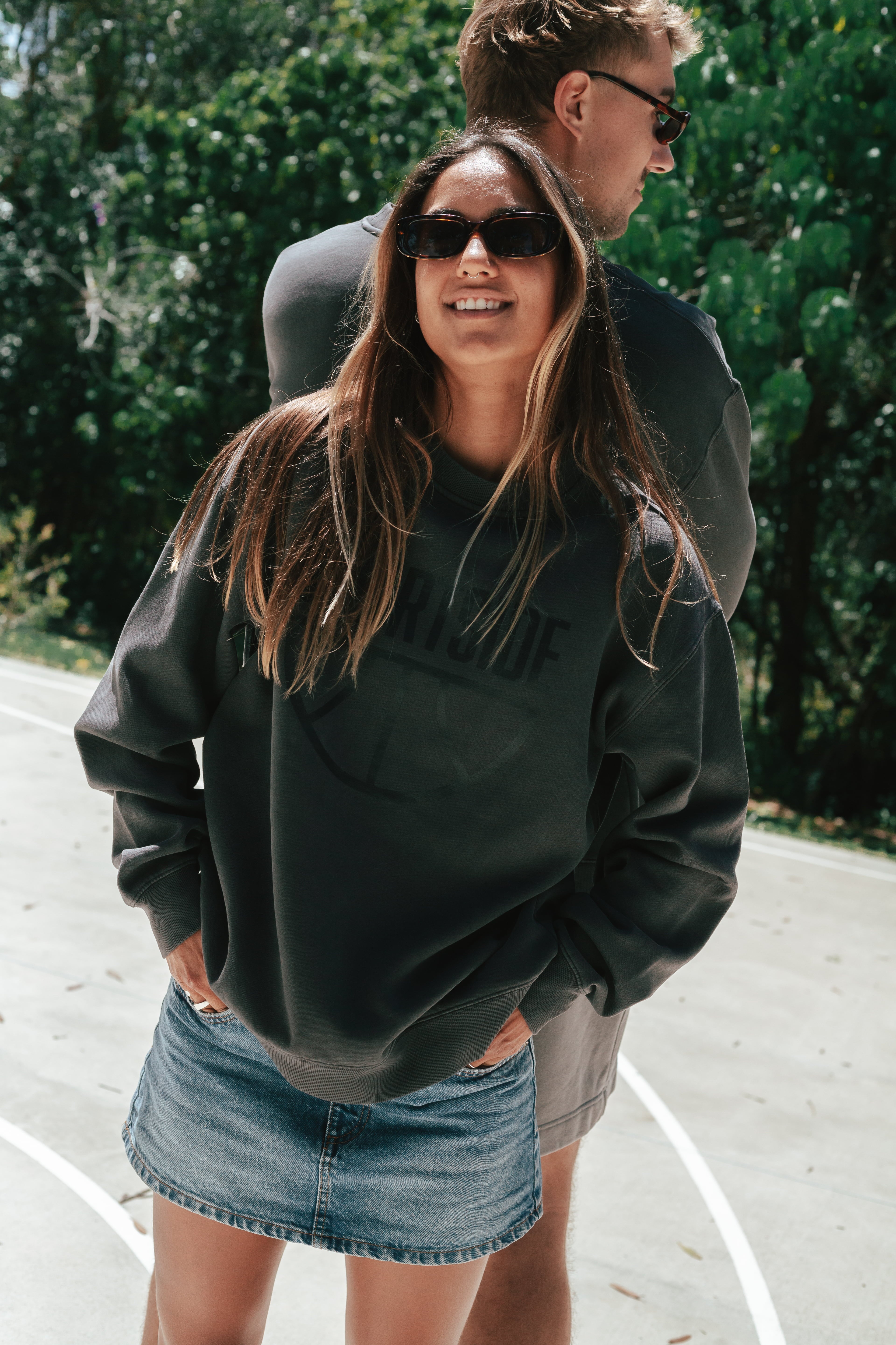NBL Player Nelson Kahler and Gabi wearing the Courtside Half Court Crew in Faded Black colour.