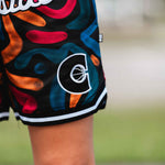 close up showing details of design for basketball shorts in black and coloured.