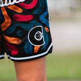 close up showing details of design for basketball shorts in black and coloured.