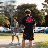 players wearing courtside shorts and tees whist hooping on the streets