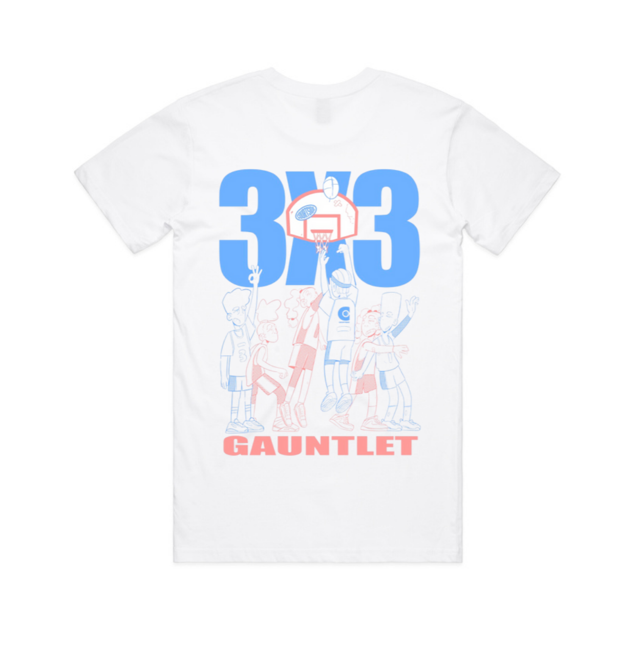 White tee with 3X3 Gauntlet with basketball characters and Courtside Logo