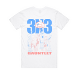 White tee with 3X3 Gauntlet with basketball characters and Courtside Logo
