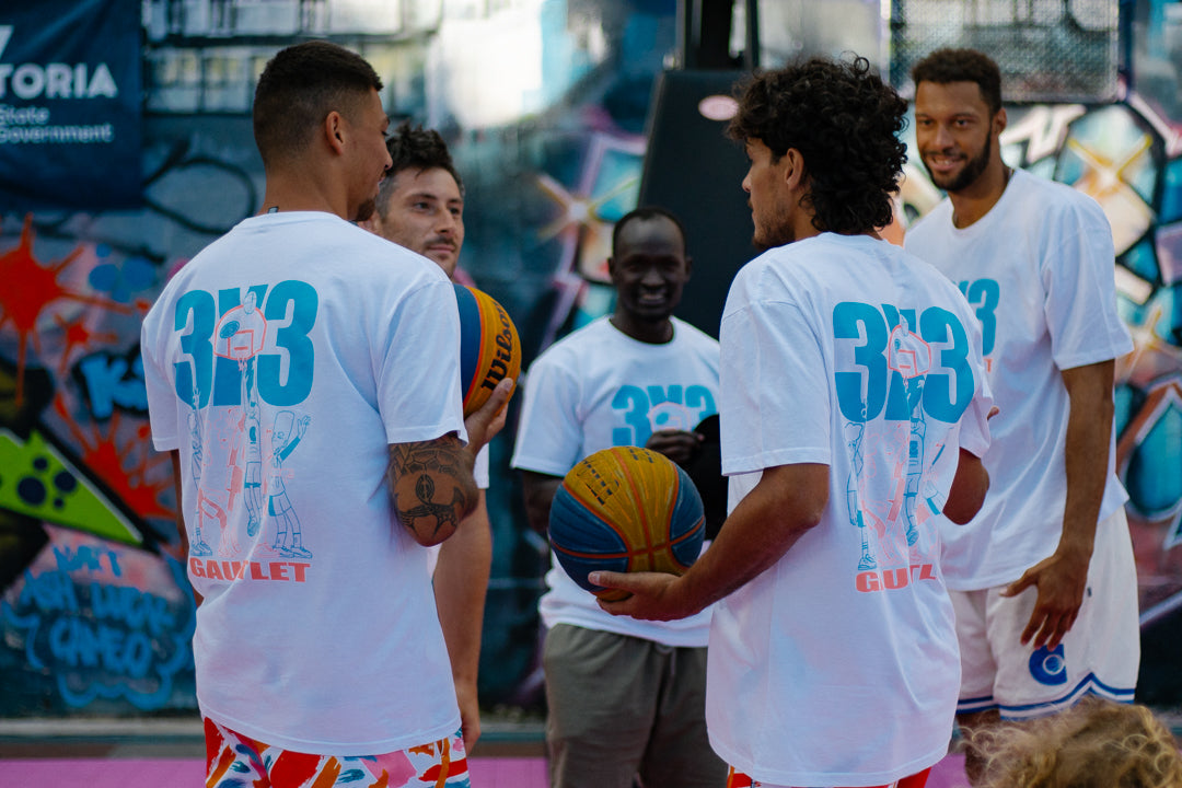 Livai Smith and Matthew Koenig australian 3X3 champions wearing white Courtside Gauntlet 3X3 tee 
