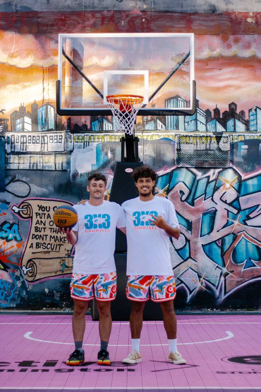 Livai Smith, Matthew Koenig Australian top 3X3 FIBA players, wearing Gauntlet x Courtside tees and Courtside shorts