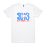 White tee with 3X3 Gauntlet on front with basketball backboard and Courtside Logo