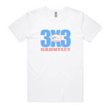 White tee with 3X3 Gauntlet on front with basketball backboard and Courtside Logo