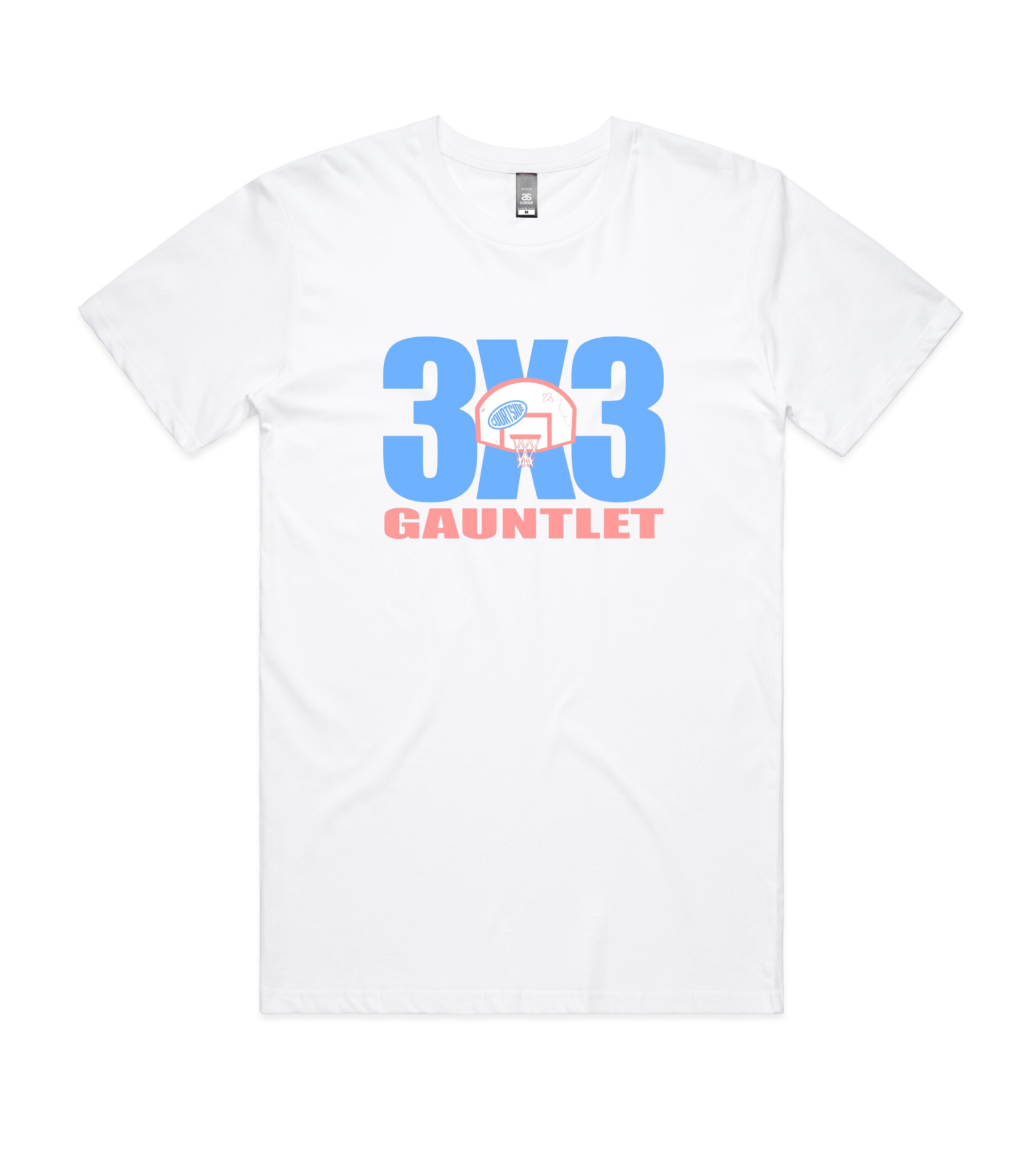 White tee with 3X3 Gauntlet on front with basketball backboard and Courtside Logo
