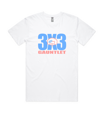 White tee with 3X3 Gauntlet on front with basketball backboard and Courtside Logo