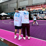 Egal and Mitch Mang commentating 3X3 Gauntlet, wearing the Gauntlet x Courtside tee with female ballers playing in the background