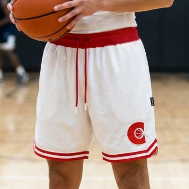 Person holding a basketball on an indoor court wearing cream & red basketball shorts