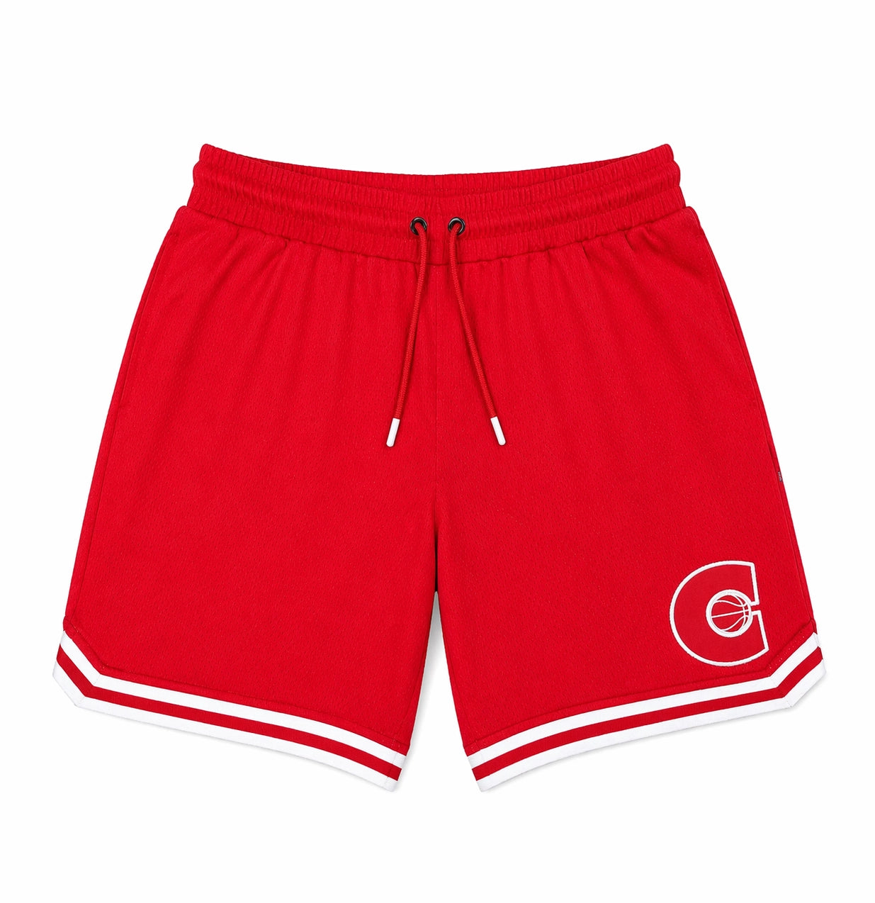 Red shorts with a logo on a white background