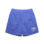 Bright blue swim shorts shown on their own laying flat on a white background