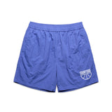 Bright blue swim shorts shown on their own laying flat on a white background