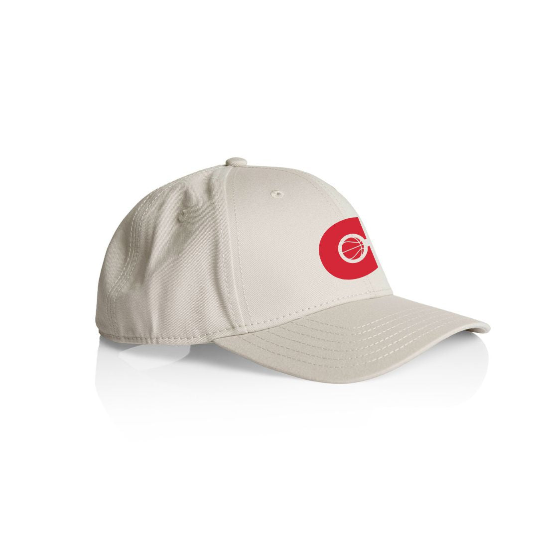 A beige baseball cap with a red logo on the front.