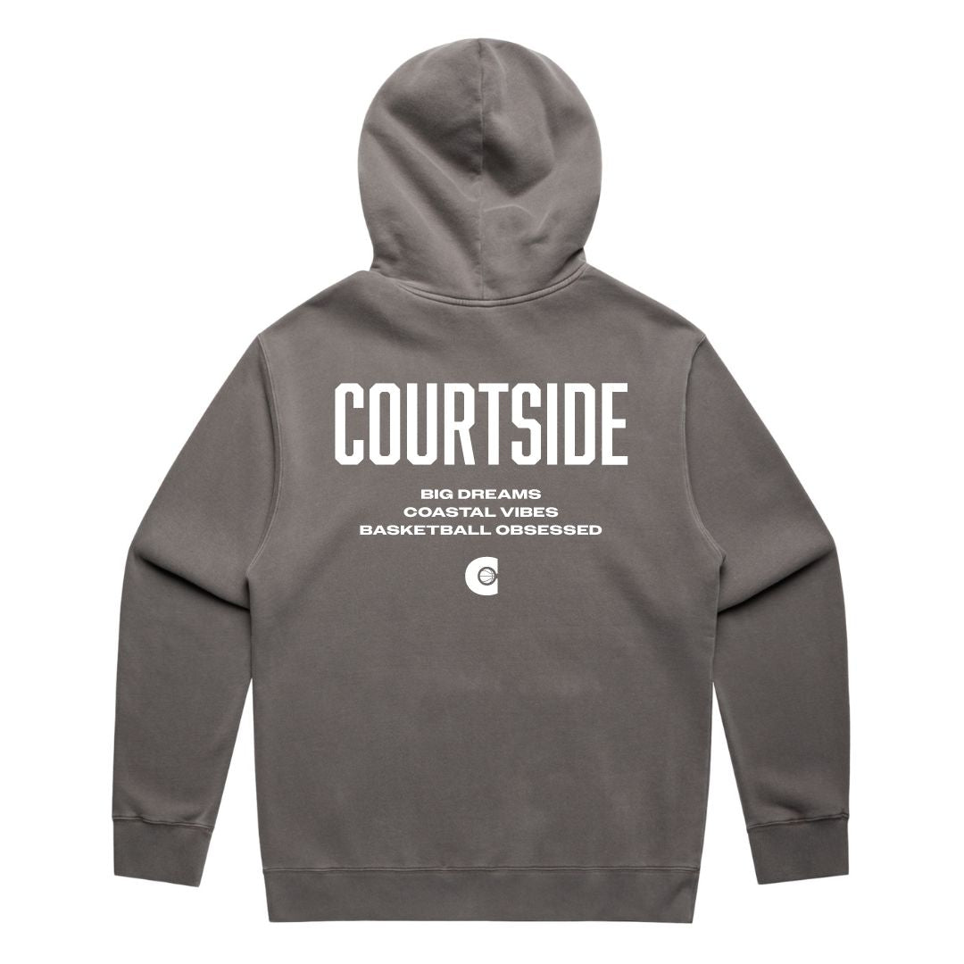Courtside Big Dreams Hoodie in faded grey detail shot showing premium fabric and large white screenprinted logo
