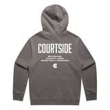 Courtside Big Dreams Hoodie in faded grey detail shot showing premium fabric and large white screenprinted logo