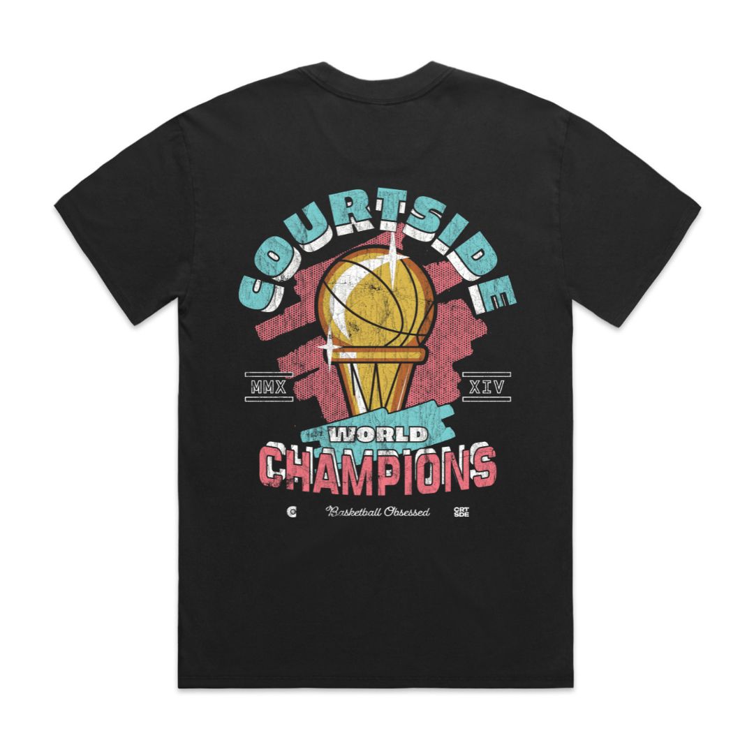 Faded black t-shirt shown with left chest small logo graphic