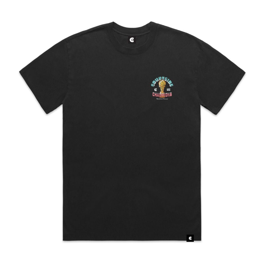 Faded black t-shirt shown with left chest small logo graphic