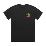 Faded black t-shirt shown with left chest small logo graphic