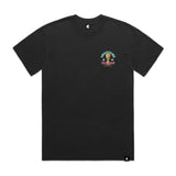 Faded black t-shirt shown with left chest small logo graphic