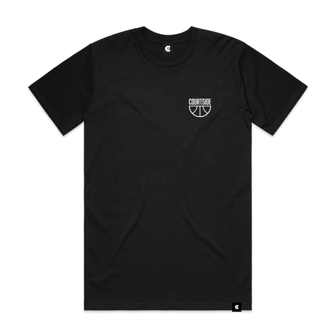 COURTSIDE black tee with white logo print on front left chest. 