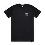 COURTSIDE black tee with white logo print on front left chest. 
