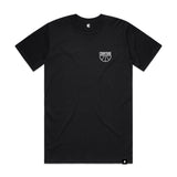COURTSIDE black tee with white logo print on front left chest. 