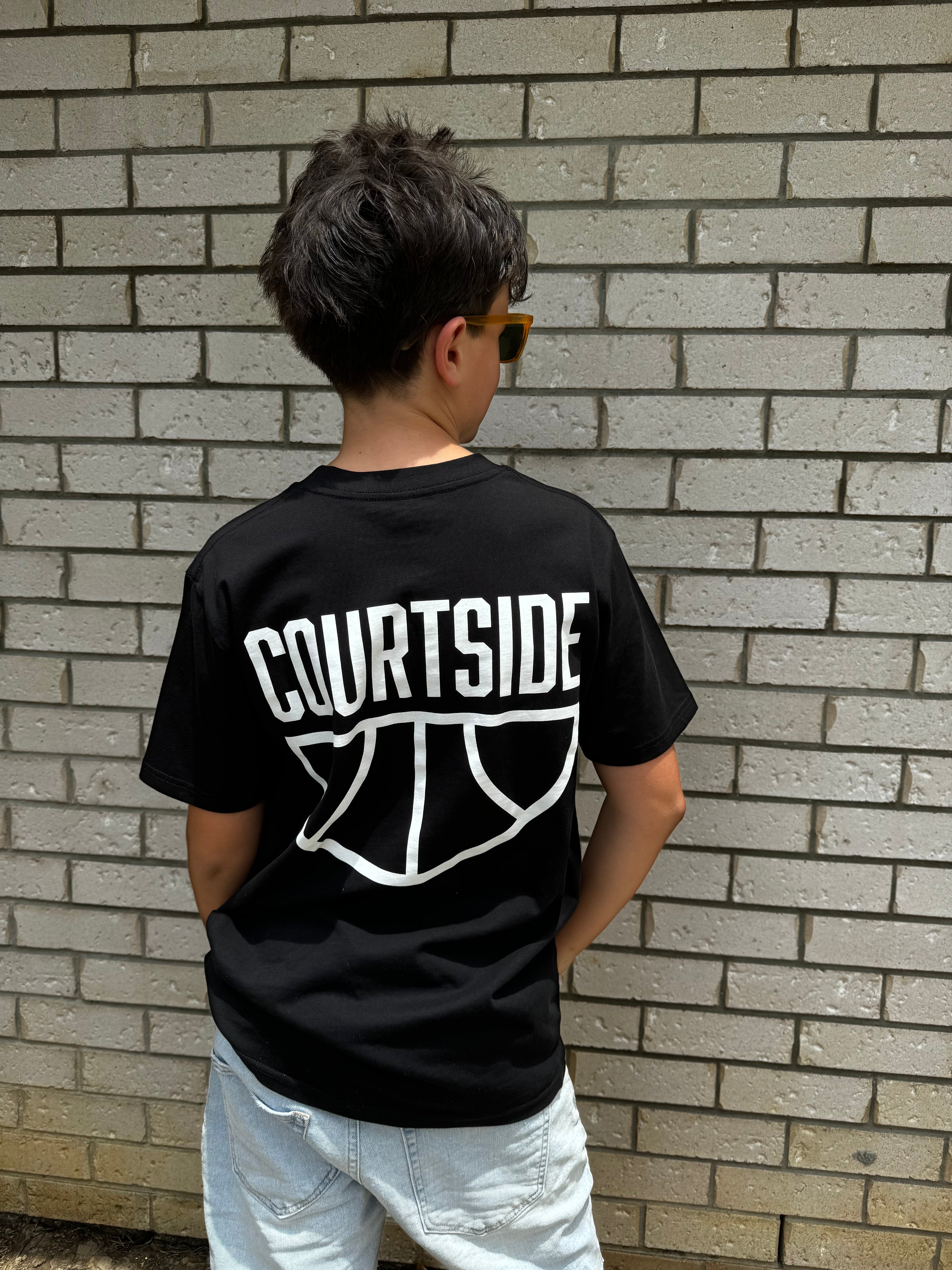 COURTSIDE black tee with white large print on back.