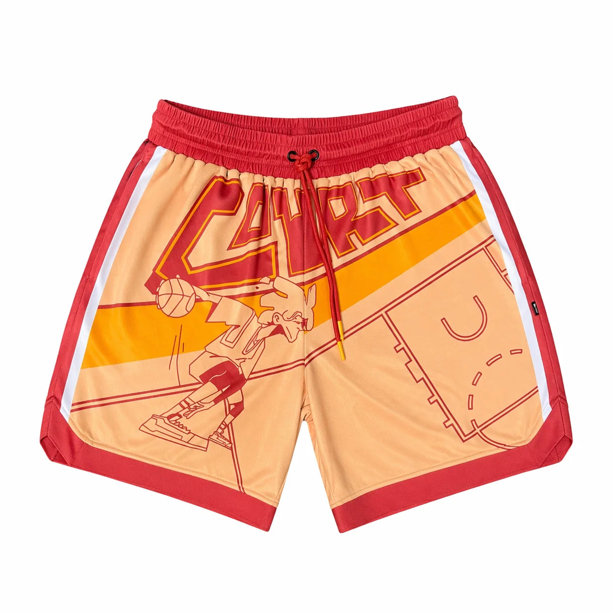 Graphic art on a pair of Courtside basketball shorts in yellow, beige and faded red