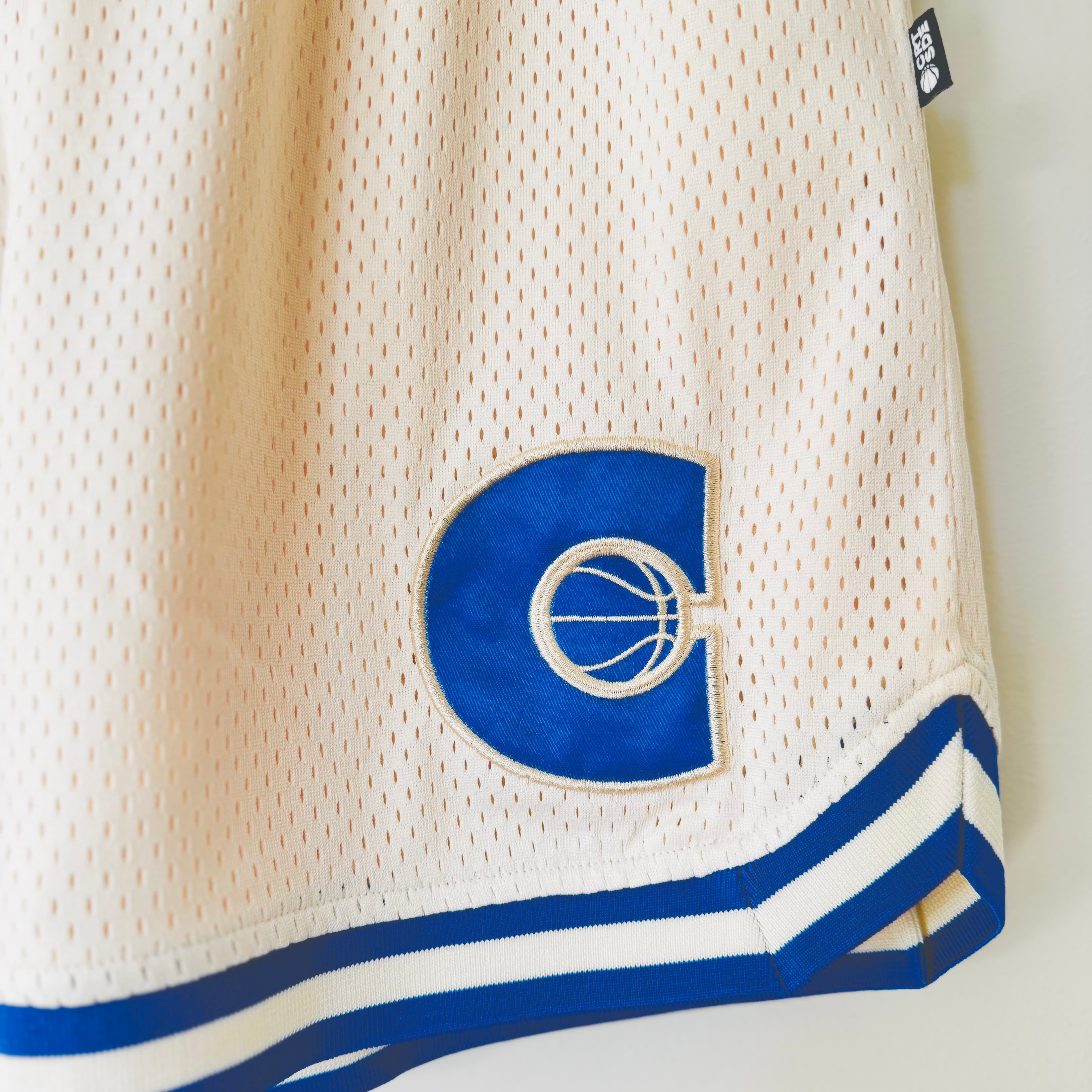 Close up of the Cream & royal blue courtside basketball short showing details