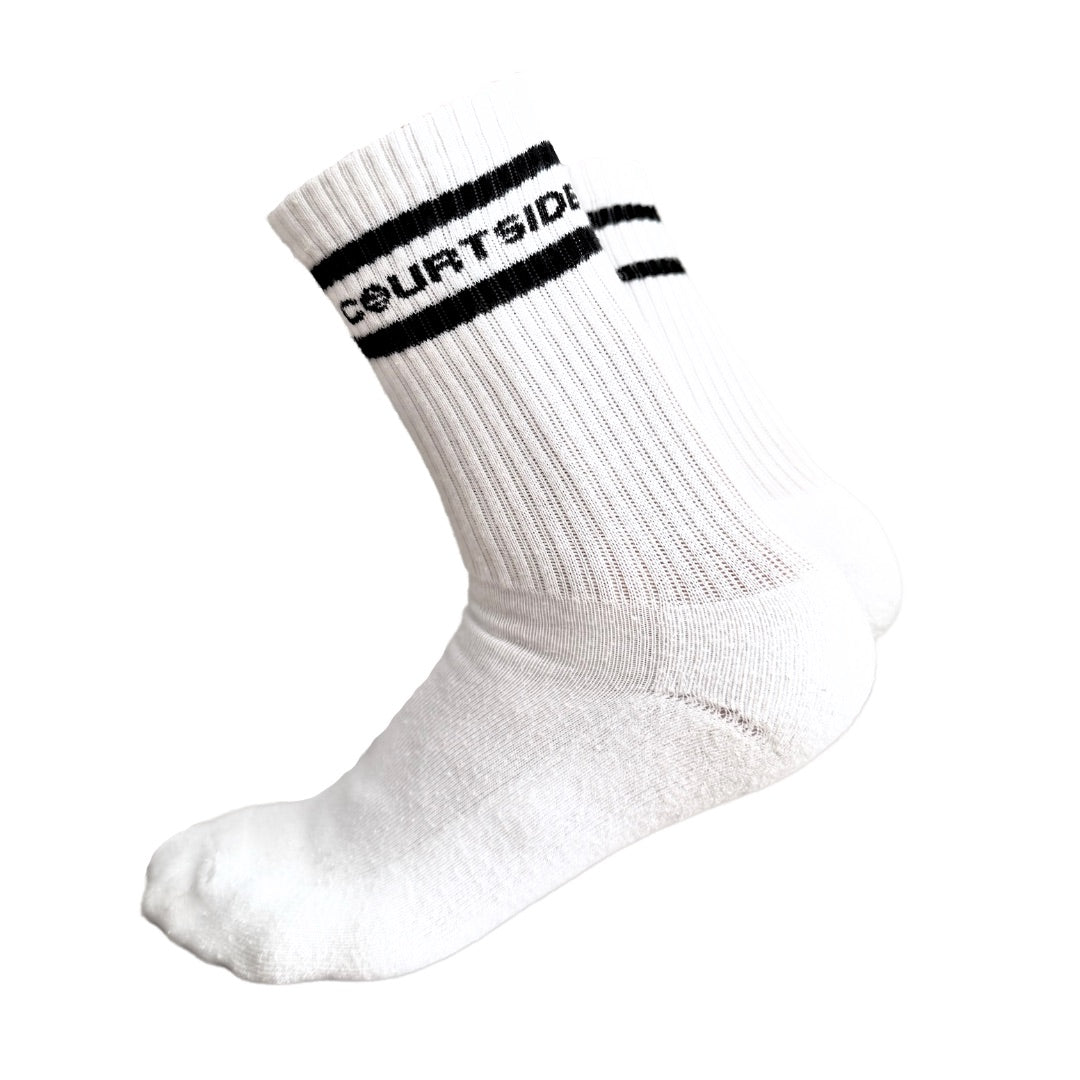 Pair of white socks with Courtside written along top with black stripe top & bottom