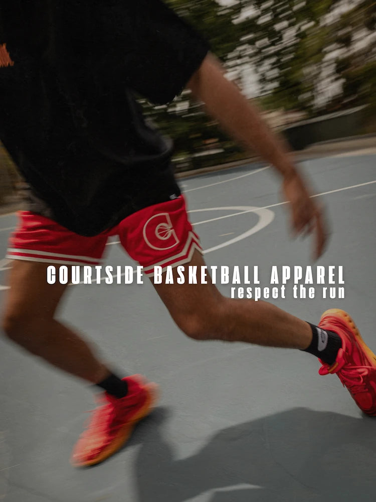 Person playing basketball on a court with 'COURTSIDE BASKETBALL APPAREL' text overlay.