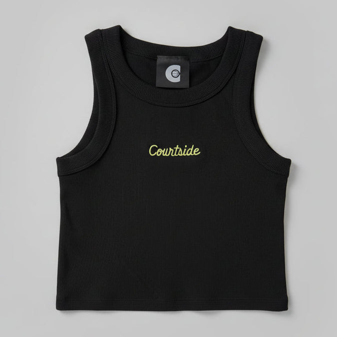 Black tank crop singlet with Courtside text in script writing in yellow on centre chest.