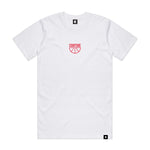 White t-shirt with red half basketball and COURTSIDE logo on centre chest on flat white background
