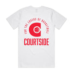 White t-shirt with red detail COURTSIDE logo on back shown on flat white background