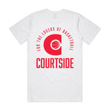 White t-shirt with red detail COURTSIDE logo on back shown on flat white background