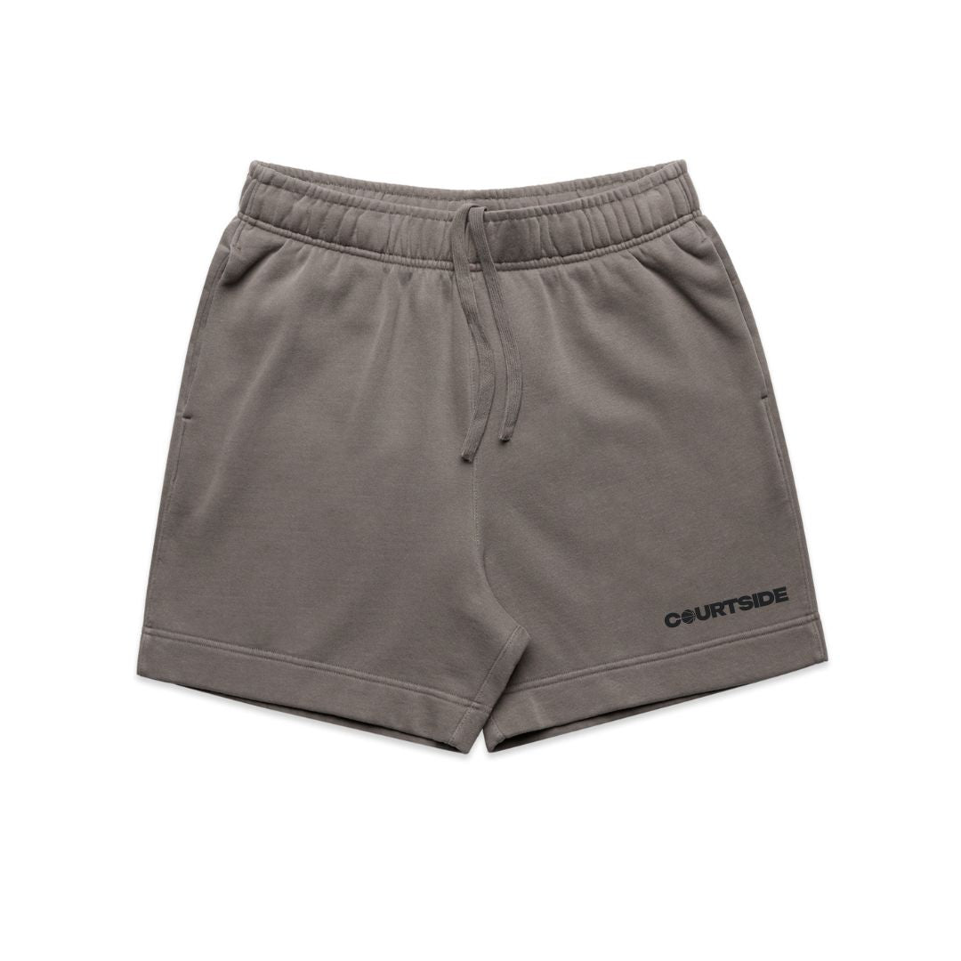 Grey shorts with black logo detail flat on white background