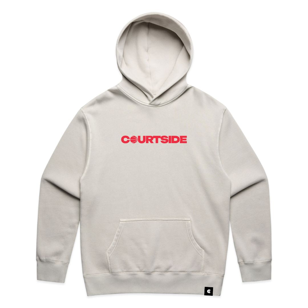 Courtside Lay Up Hoodie in faded bone - flat on white background with red logo