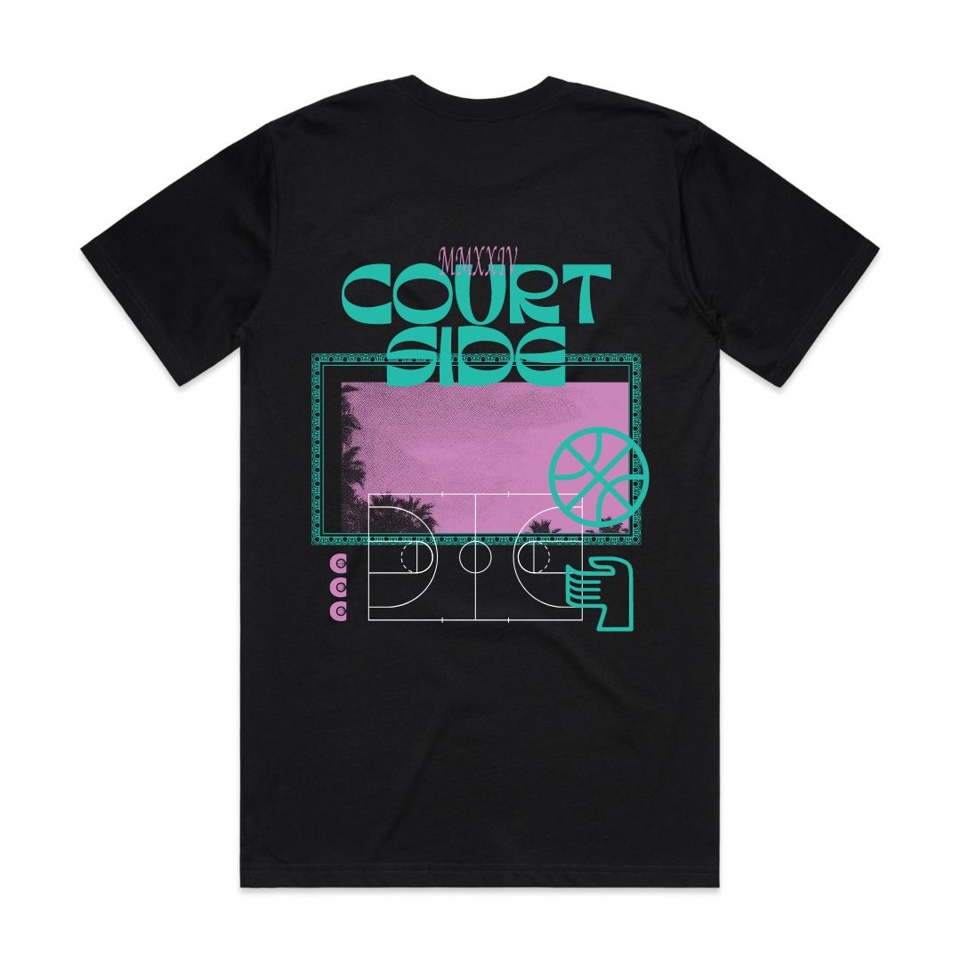Courtside Vibes Tee in black - back view showing graphic logo detail